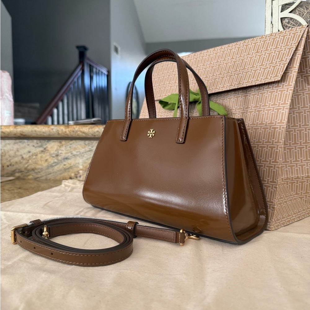 New 450+ Tory Burch Emerson mini tote in rich walnut color Leathe - Picture 3 of 12